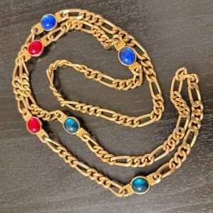 VINTAGE Unsigned Gold Tone Chain Link Glass Cabochon 80s Necklace Red Green Blue